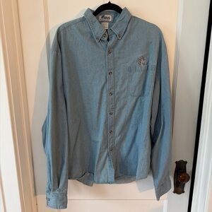 Y2K Light Blue Denim Shirt with Embroidered Pocket Pillsbury Doughboy.